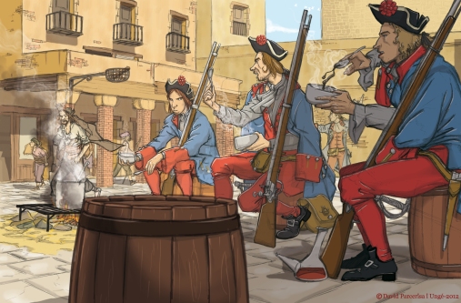 Milicians de La Coronela de Carles II fent un àpat de ranxo prop de la plaça del Born al Quarter de Mar de Barcelona.
